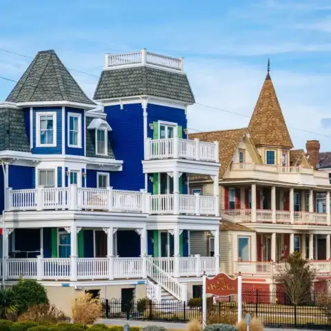 Colorful Victorian houses along Beach Avenue in Cape May, New Jersey