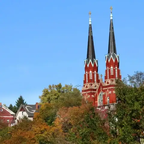Historic twin-spired church in Oil City, Pennsylvania.