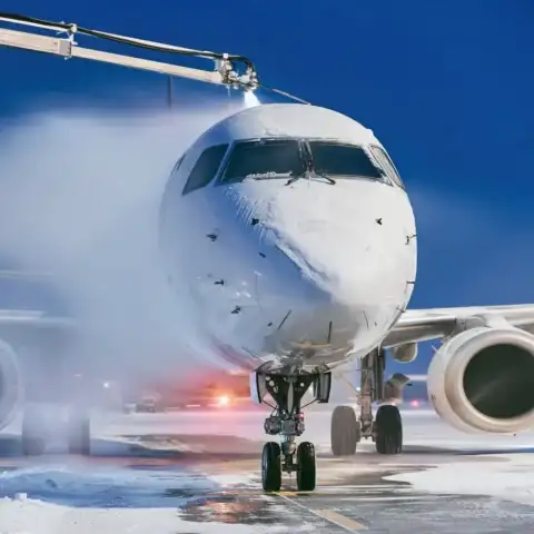 A de-icing truck spraying a jet on a snowy apron at dawn